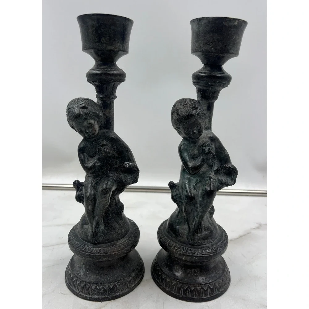 Vintage Bronze Cherub Candlestick Holders Pair Verdigris Patina Made India 9.5